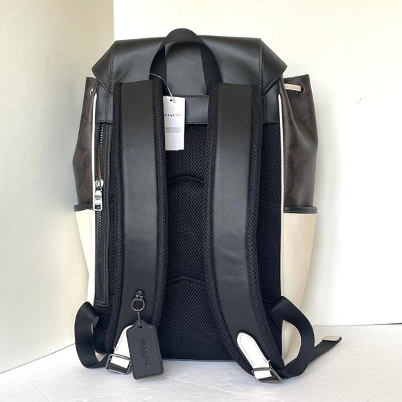 Coach Racer Backpack CY775 Blocked Signature Canvas Leather Walnut Chalk - Picture 2 of 10